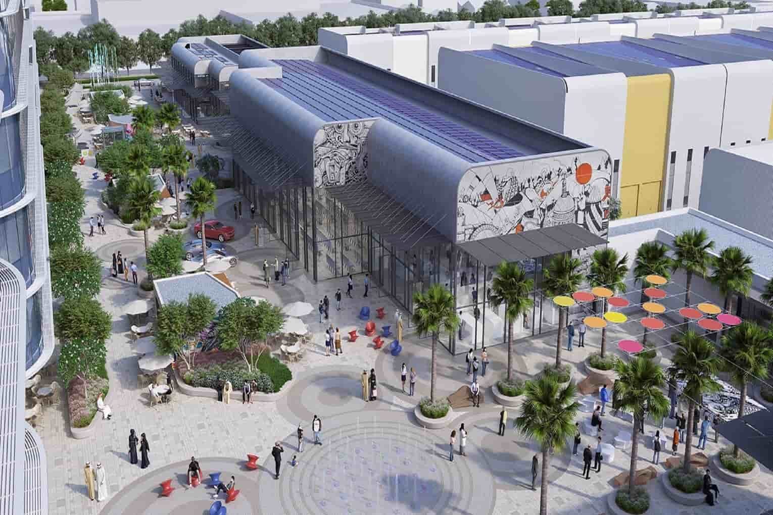 Dubai CommerCity'de palmiyelerle çevrili meydan