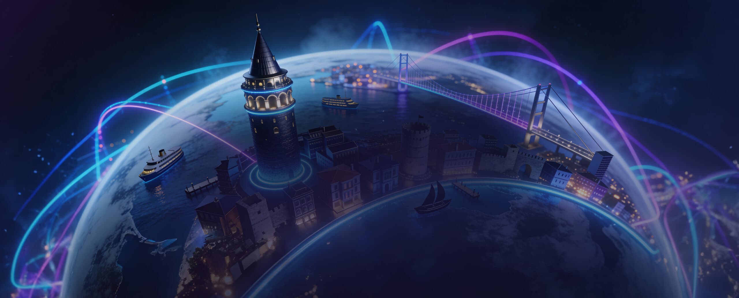 Istanbul at night with Galata Tower and the Bosphorus Bridge under a glowing globe