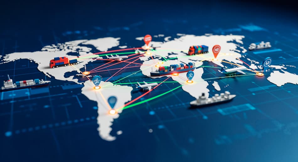 Cross-border e-commerce logistics network showing global shipment routes as international returns rise in 2026