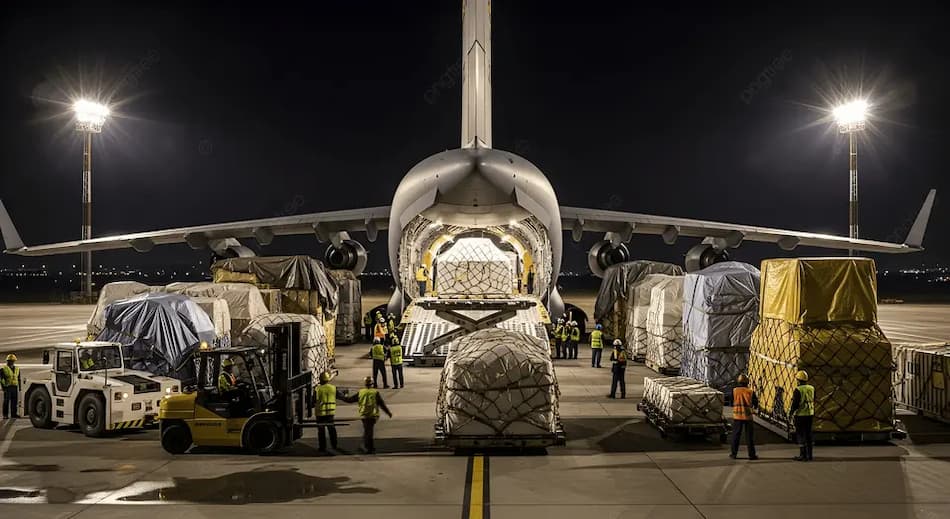 Air cargo aircraft loading freight at an international airport logistics hub